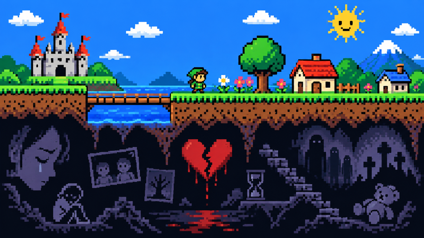 Mundo pixel art colorido escondendo símbolos de trauma, luto e culpa no subterrâneo