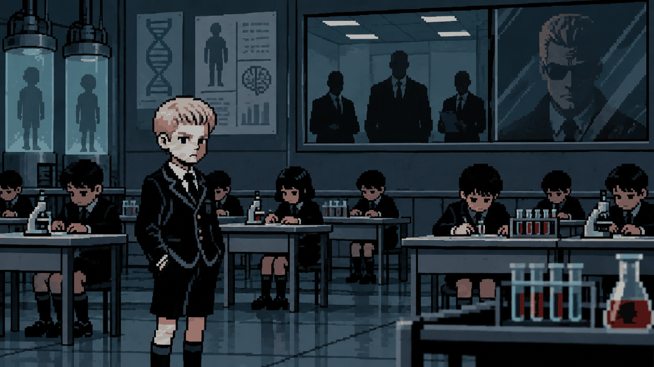 Wesker criança em laboratório secreto com observadores nas sombras em pixel art
