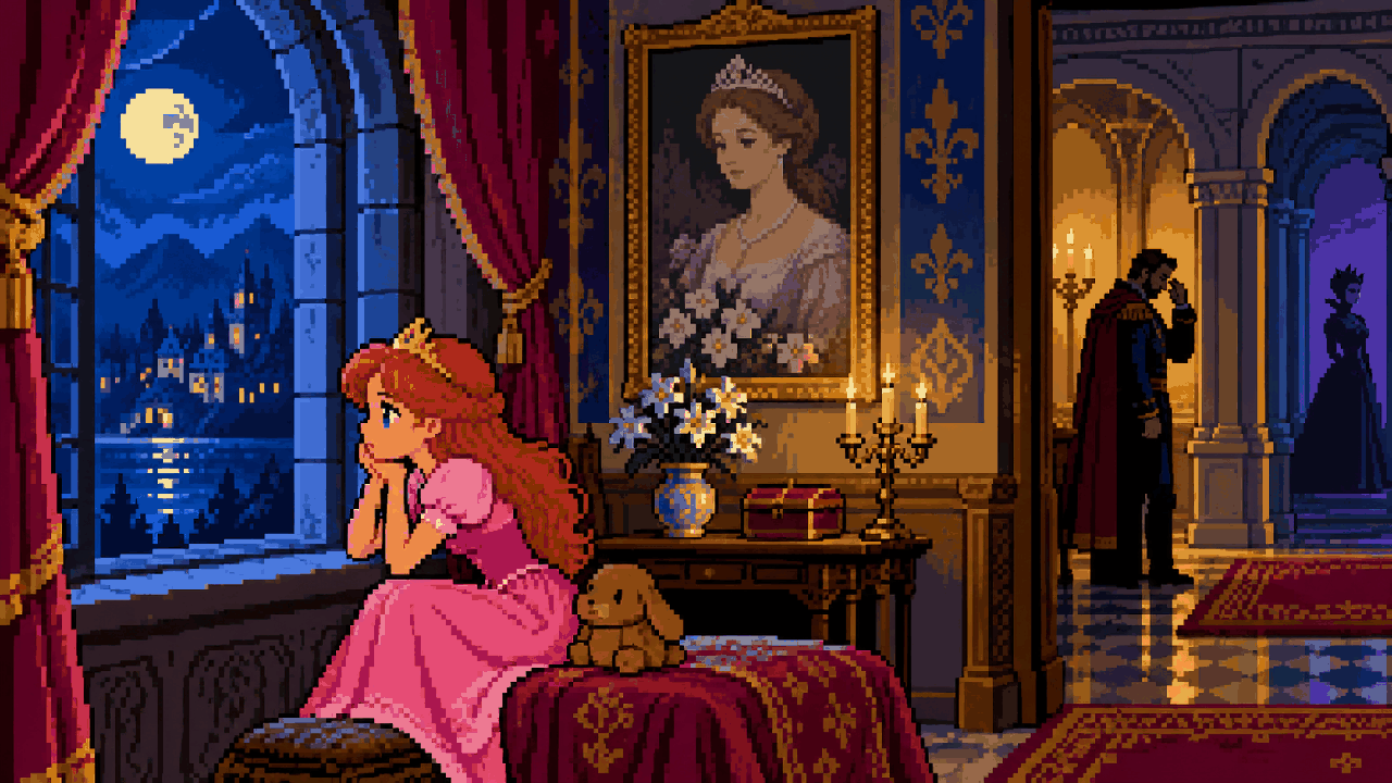 Aurora no castelo da Áustria após a perda da mãe em pixel art