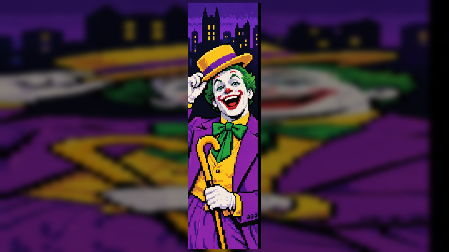 Retrato em pixel art inspirado no Coringa colorido de Cesar Romero