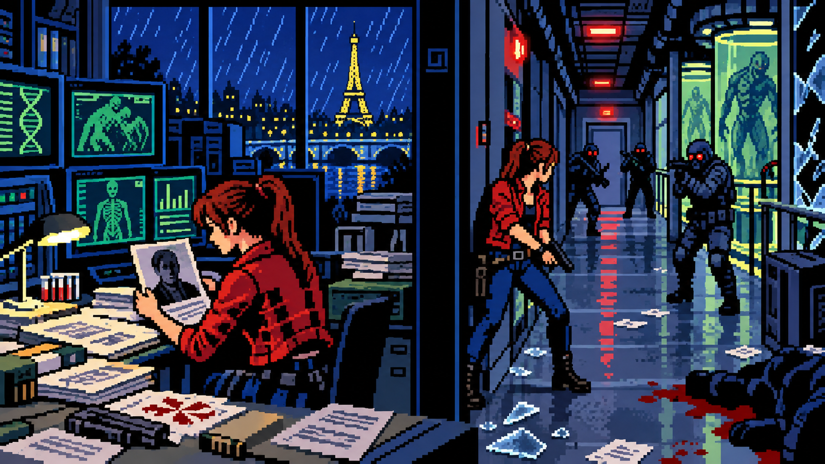 Claire investigando Chris e invadindo uma instalação da Umbrella em Paris