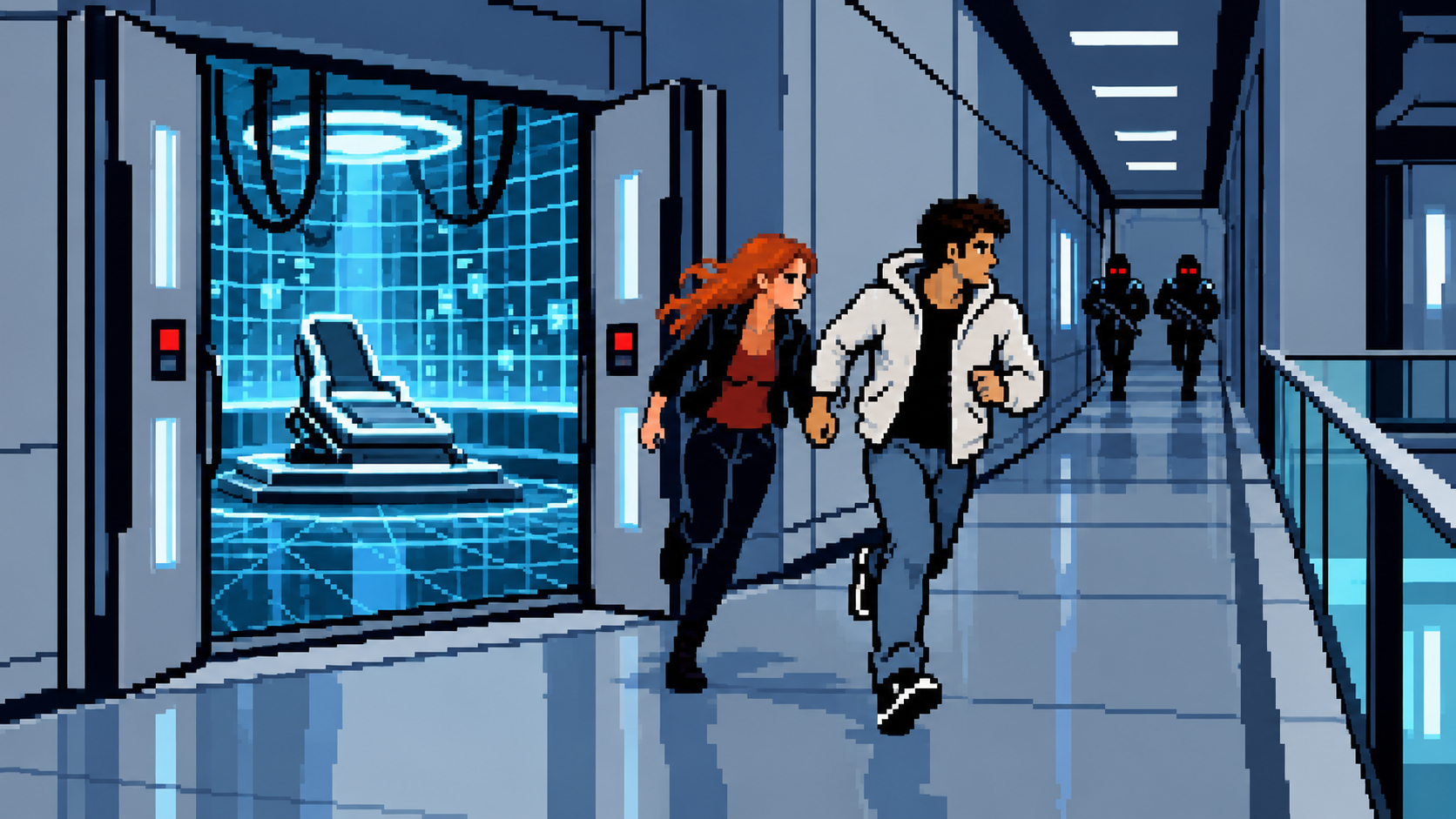 Desmond e Lucy fugindo de laboratório moderno com Animus 2.0 ao fundo