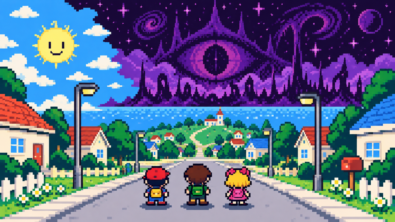 Crianças em cidade colorida observando horror cósmico no céu em pixel art