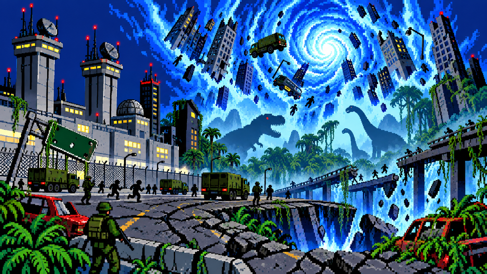 Edward City sendo puxada por uma distorção temporal com dinossauros ao fundo em pixel art