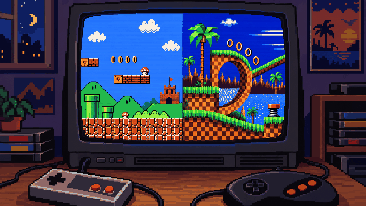 Pixel art simbólica de mascote vermelho de plataforma contra mascote azul veloz