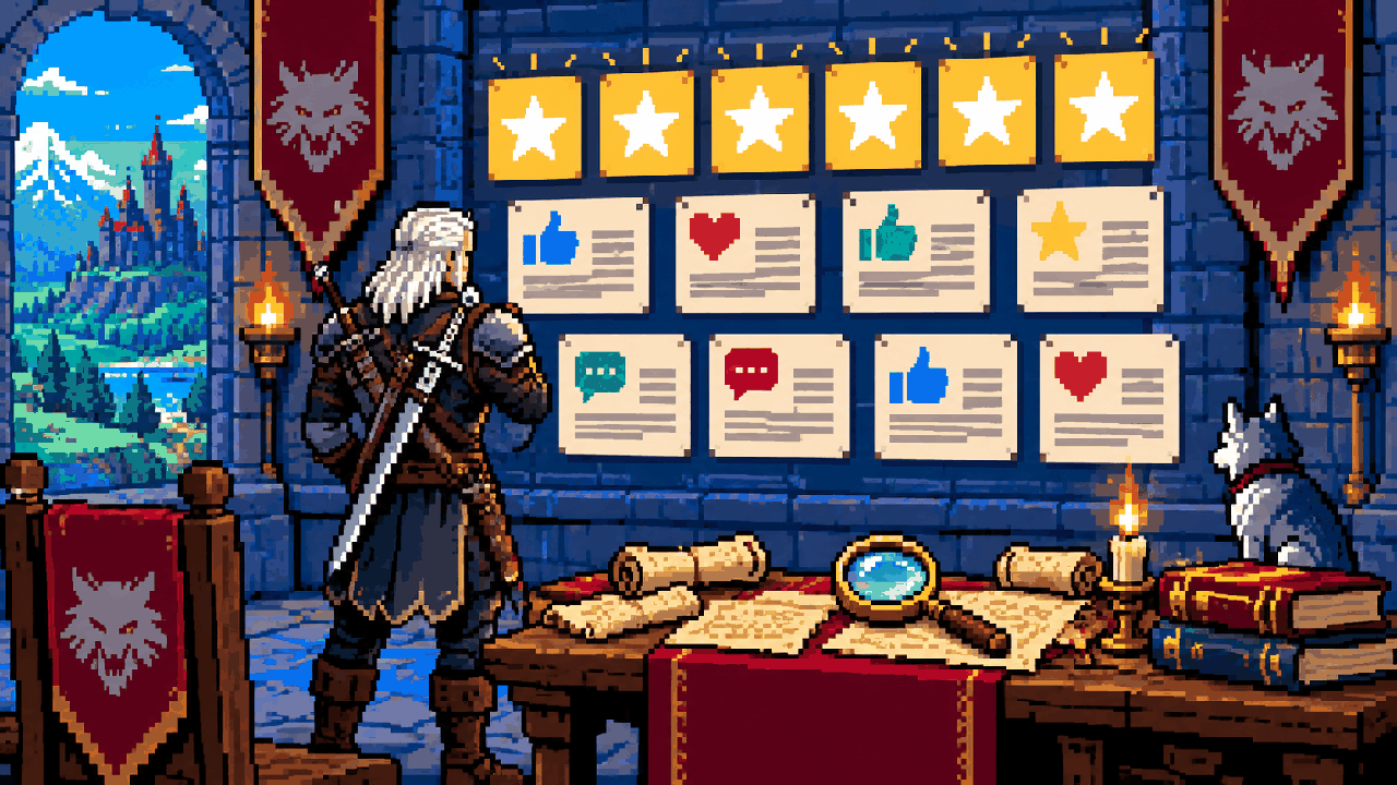 Geralt diante de cartões de avaliação e estrelas representando a nota alta de The Witcher 3 Remastered em pixel art