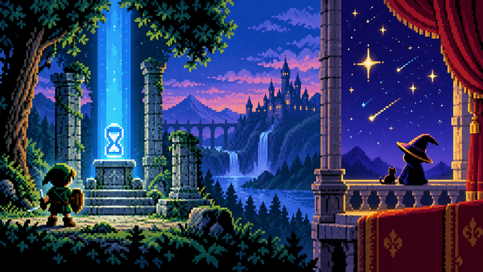 Fantasia em pixel art com pedestal do tempo e pequeno mago olhando estrelas