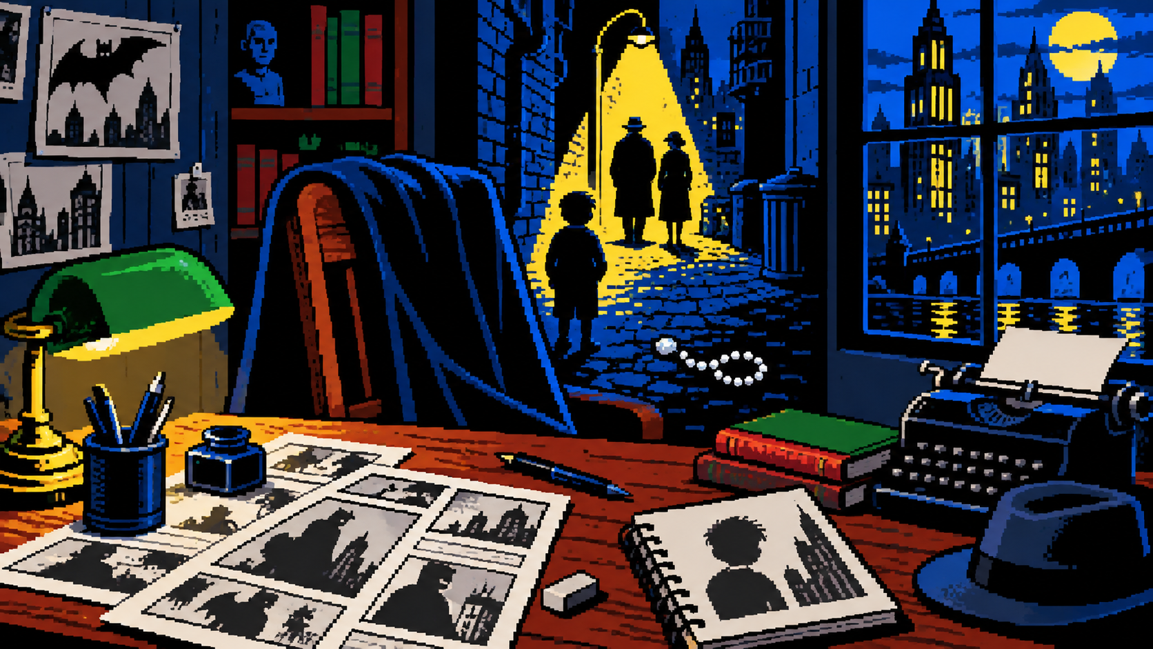 Origem do Batman representada por mesa de quadrinhos, cidade noir e lembrança do Beco do Crime