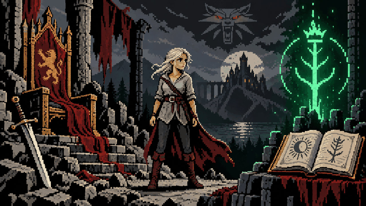 Trono de Cintra, símbolo do Sangue Ancestral e espada de witcher representando Ciri em pixel art
