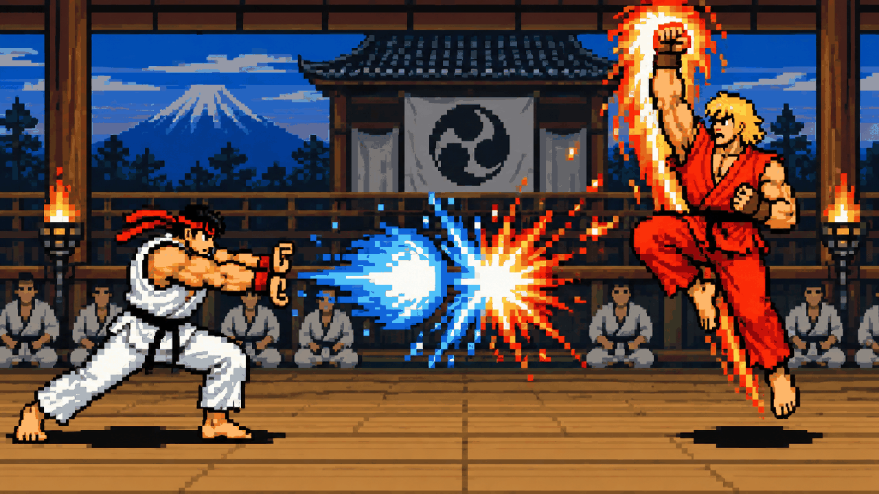 Ryu e Ken se enfrentando em arena de Street Fighter em pixel art