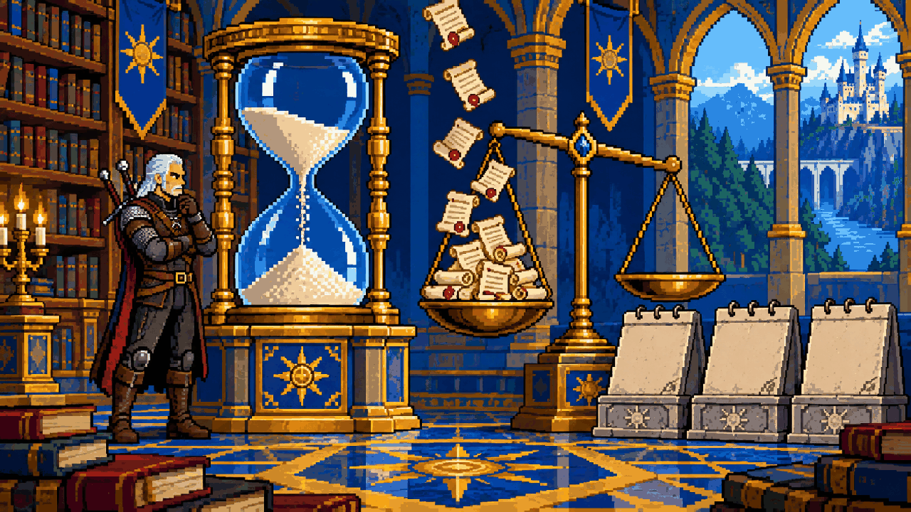Geralt ao lado de ampulheta, balança e pergaminhos de análise em pixel art