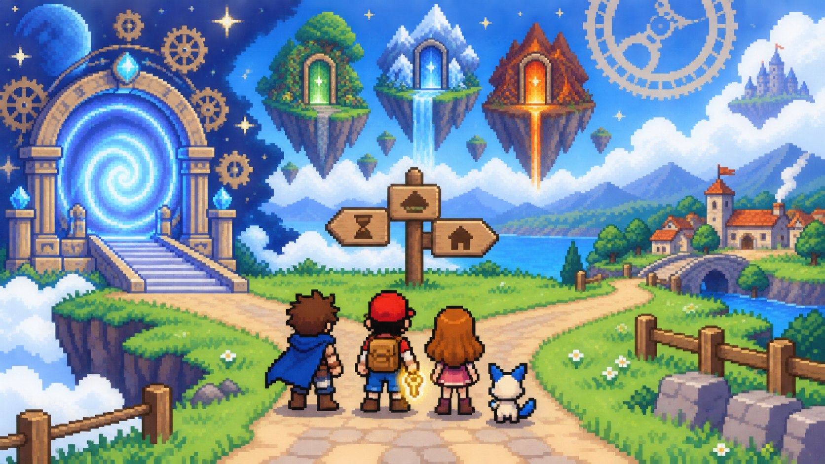 Jovens aventureiros em pixel art diante de portais, ilhas flutuantes e estrada de primeira jornada