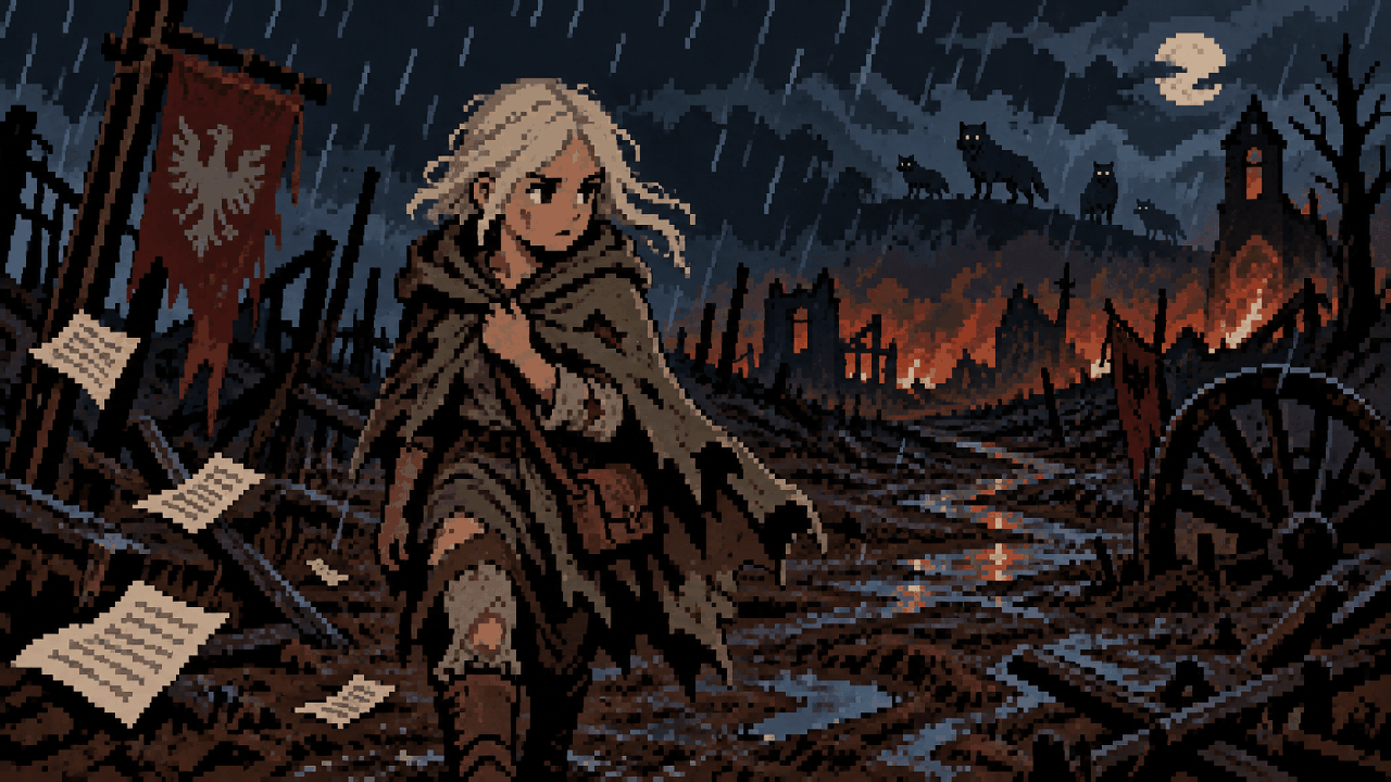 Ciri jovem em uma vila destruida, cercada por chuva, medo e sobrevivência em pixel art