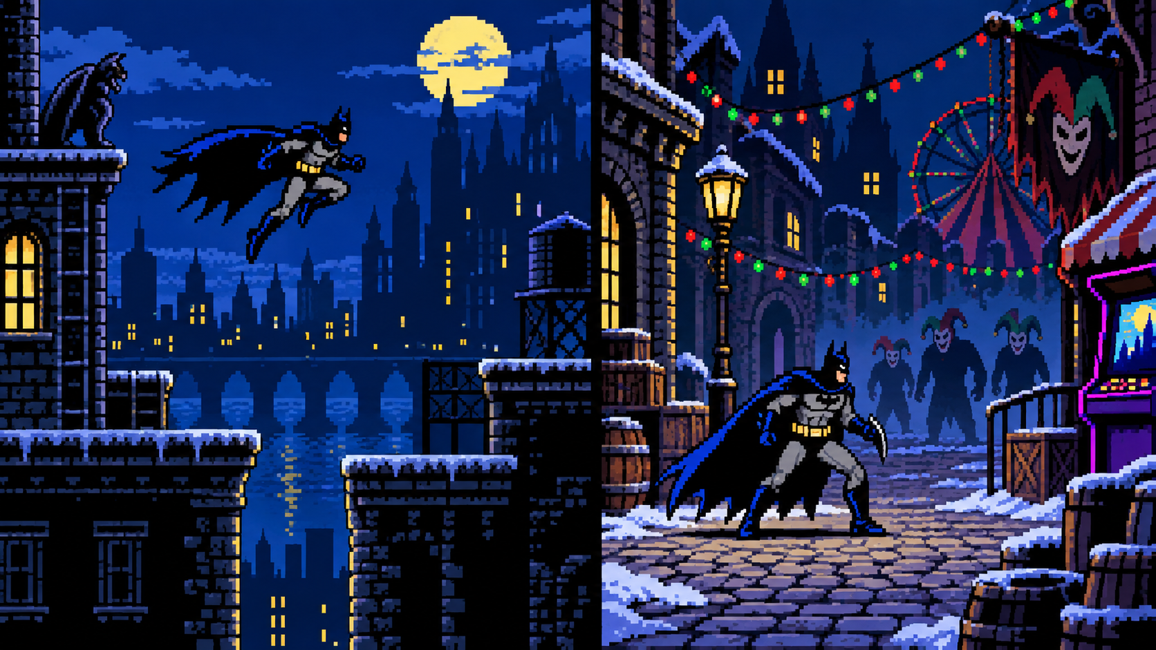 Jogos clássicos do Batman em estilo NES e beat em up arcade retrô
