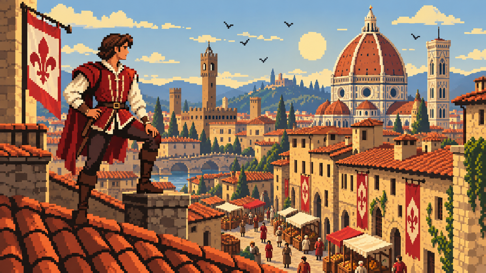 Jovem Ezio Auditore observando Florença em 1476 dos telhados