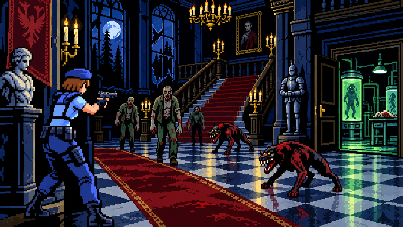 Jill Valentine enfrentando zumbis e criaturas no incidente da mansão