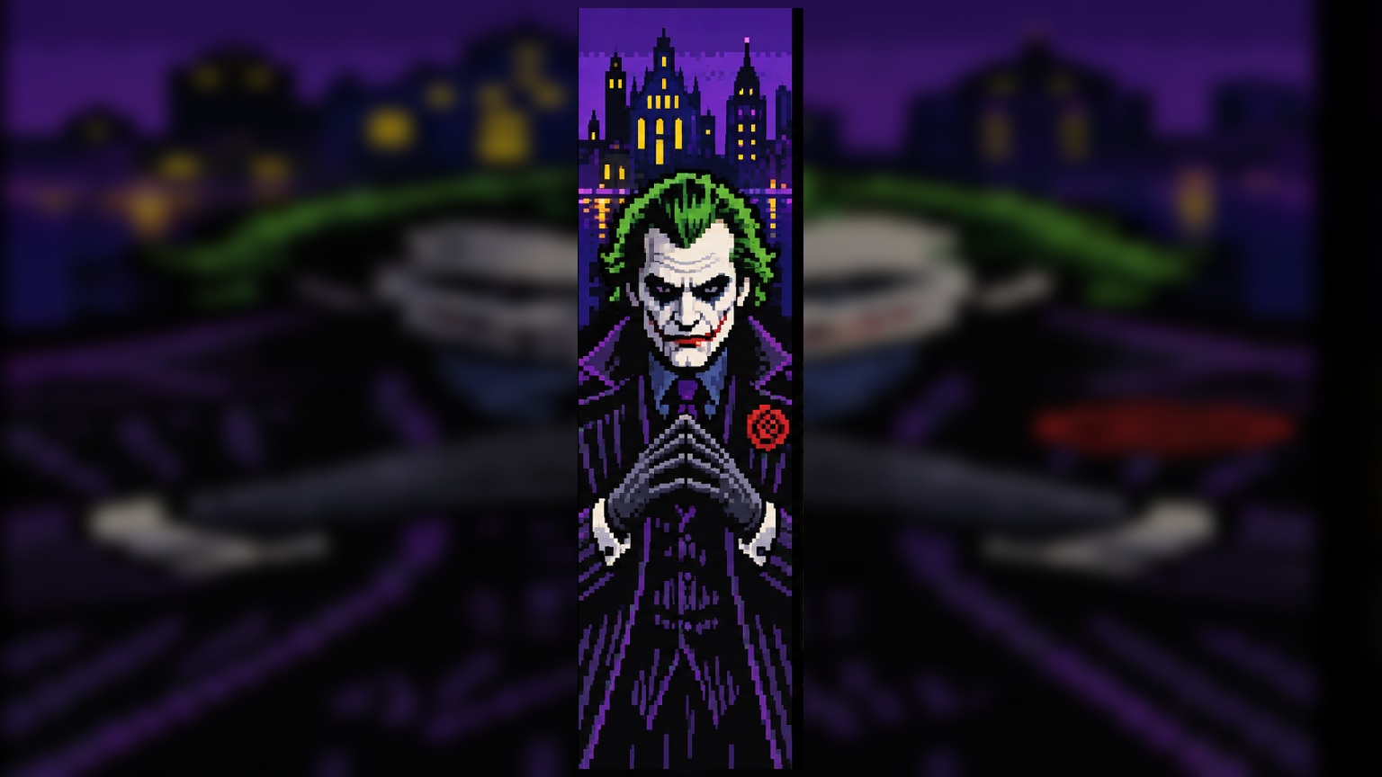 Retrato em pixel art inspirado no Coringa gótico e criminoso de Jack Nicholson