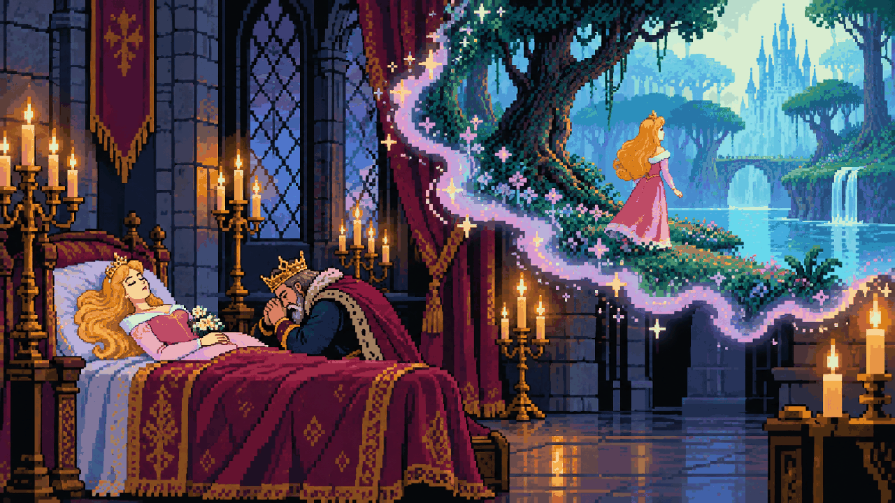 Aurora adormecida no castelo enquanto um portal para Lemuria se abre em pixel art