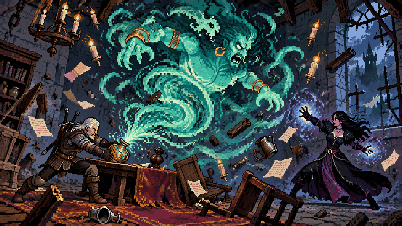 Geralt e Yennefer enfrentando um djinn em quarto destruído por magia em pixel art