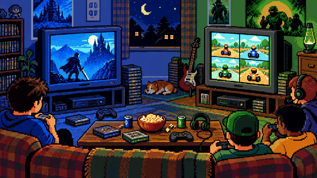 Pixel art com dois consoles simbólicos em azul e verde representando PlayStation e Xbox