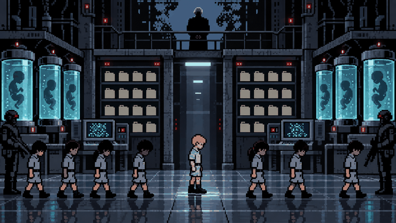 Crianças selecionadas em instalação subterrânea do Projeto Wesker em pixel art