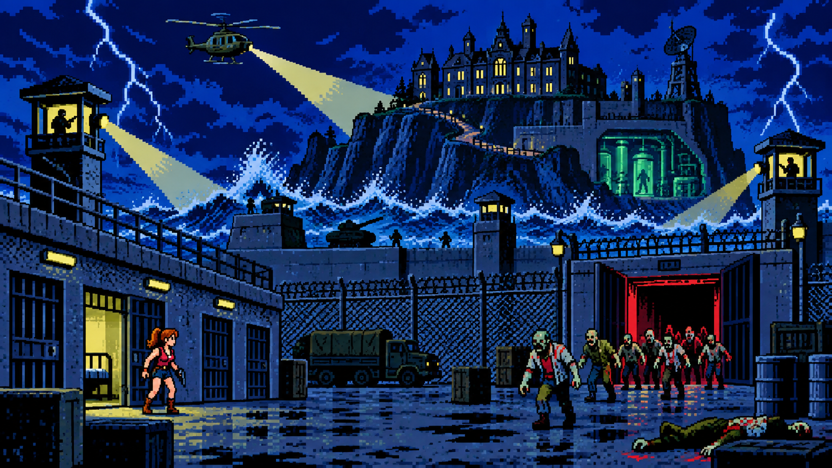 Rockfort Island com prisão, mansão, laboratório e zumbis em pixel art