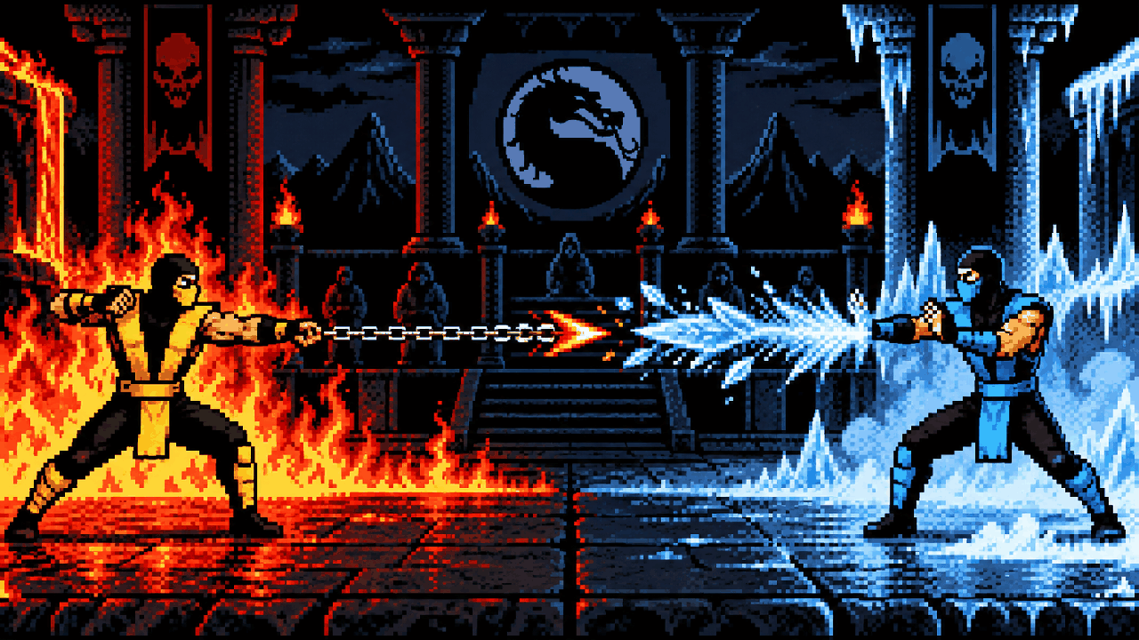 Scorpion e Sub-Zero se enfrentando com fogo e gelo em pixel art