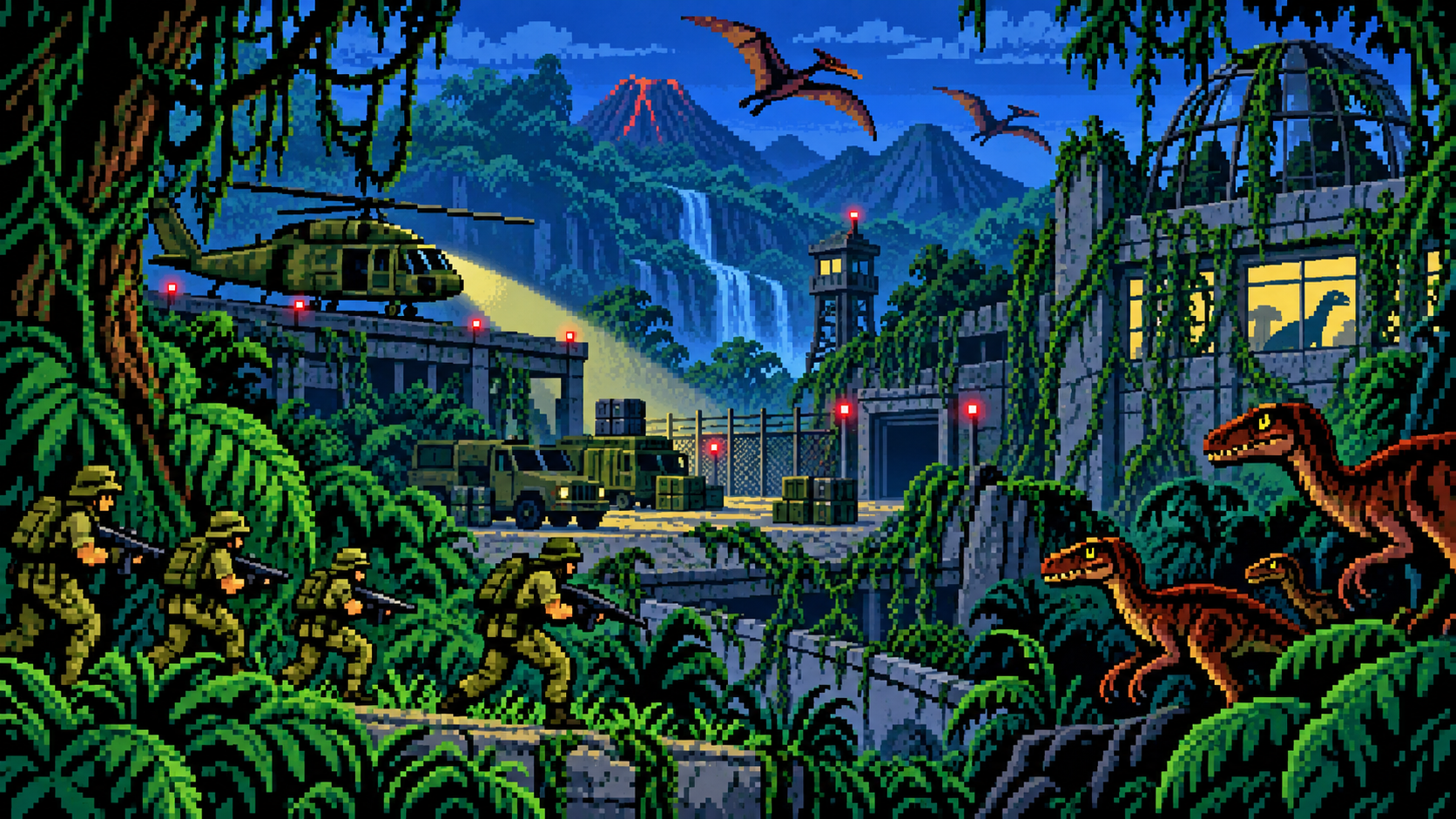 Unidade militar entrando em selva cheia de dinossauros e instalações destruídas em pixel art
