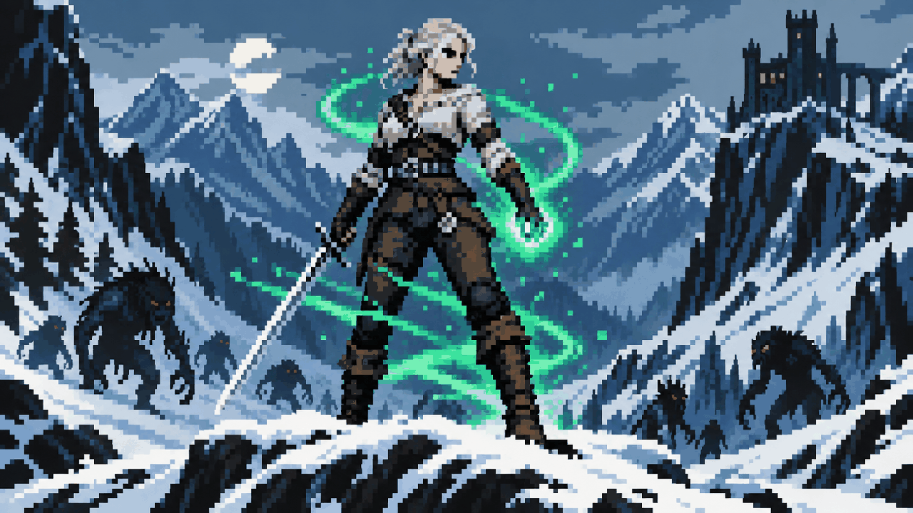 Ciri adulta e heroica em cenario de neve com energia magica em pixel art