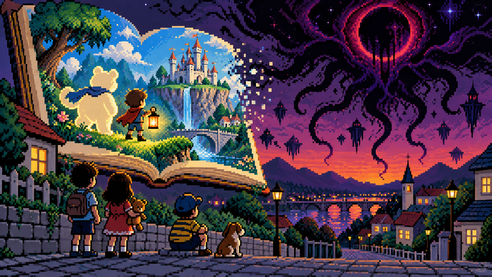 Crianças em pixel art observando um conto de fadas aberto e uma ameaça cósmica no céu