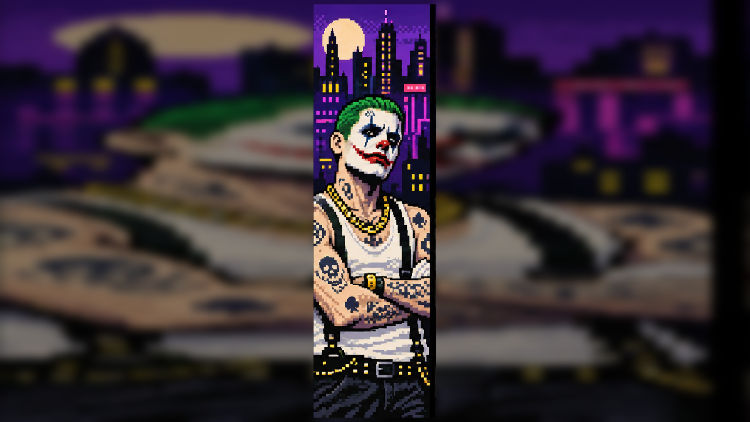 Retrato em pixel art inspirado no Coringa de Jared Leto com estética de crime estilizado