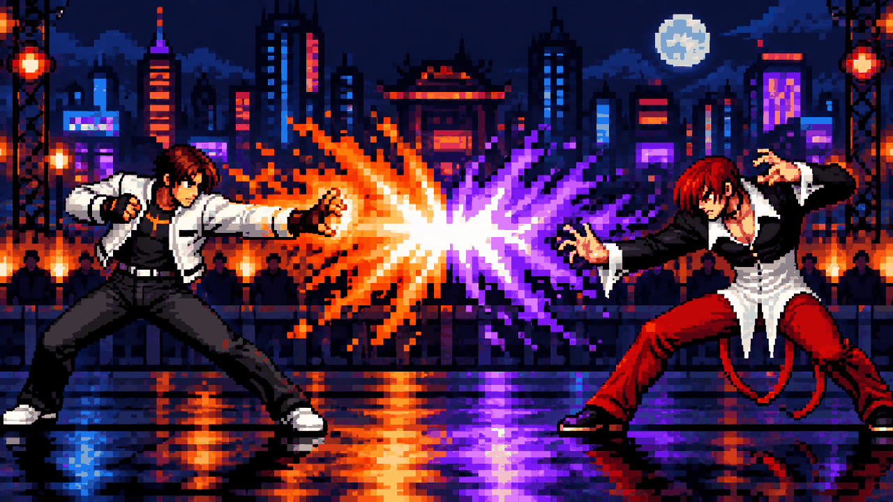 Kyo Kusanagi e Iori Yagami em duelo de chamas em pixel art