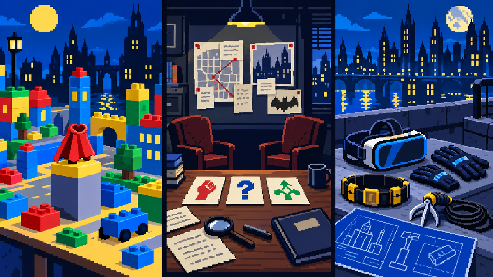 Jogos leves, narrativos e VR do Batman representados por pecinhas, escolhas e headset