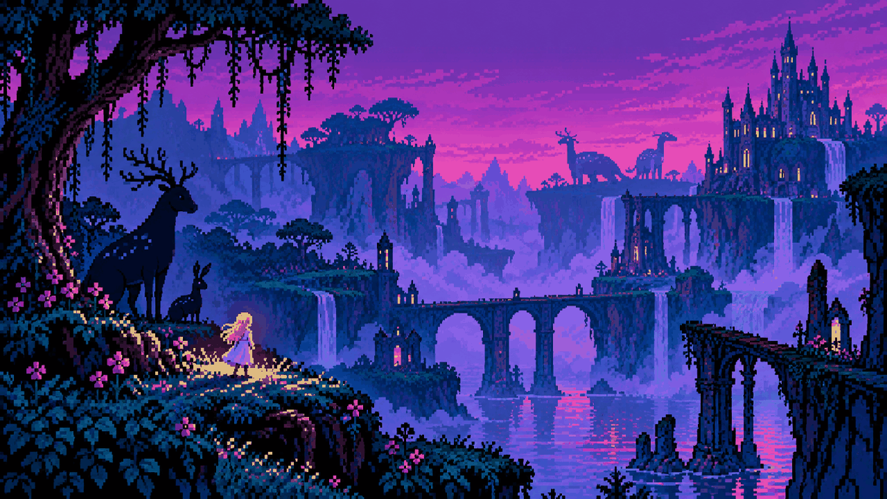 Aurora observa Lemuria, um mundo mágico e ferido sem luz em pixel art