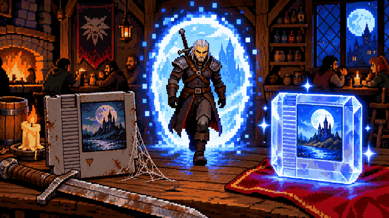 Geralt atravessa portal entre uma versão antiga e uma versão remasterizada de um RPG em pixel art