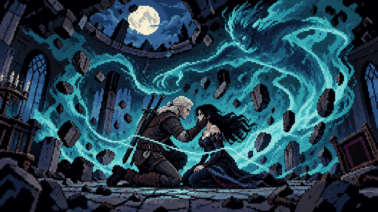 Geralt fazendo o último desejo para salvar Yennefer de um djinn em pixel art