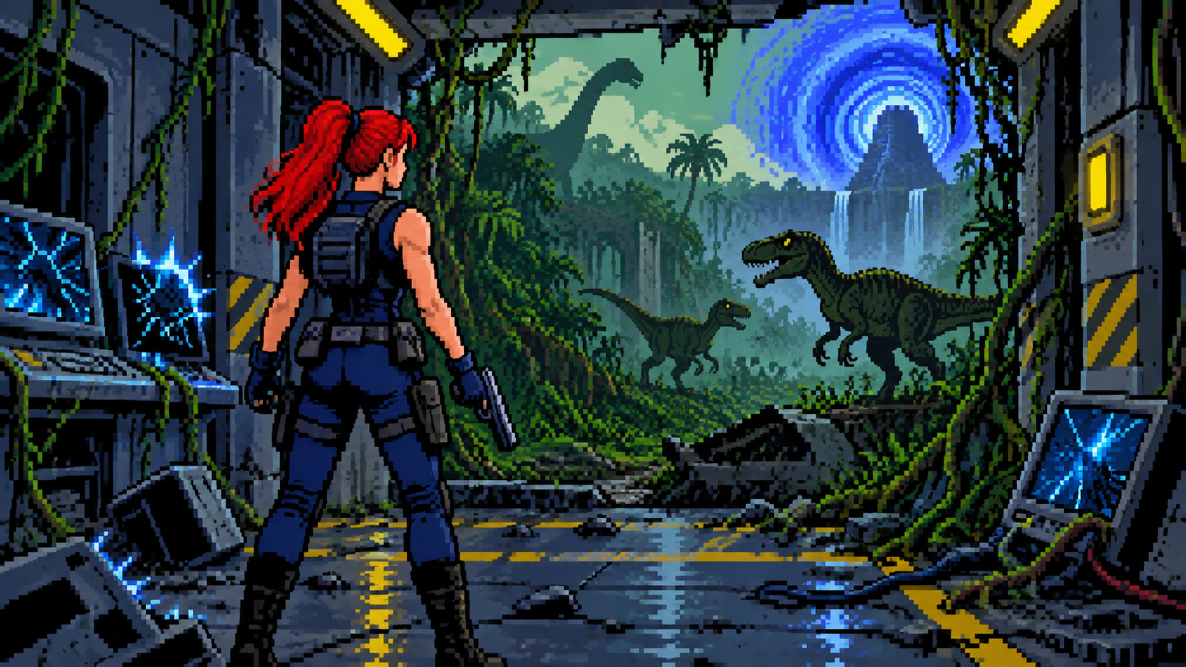 Agente ruiva em laboratório destruído olhando para raptors e portal temporal em pixel art
