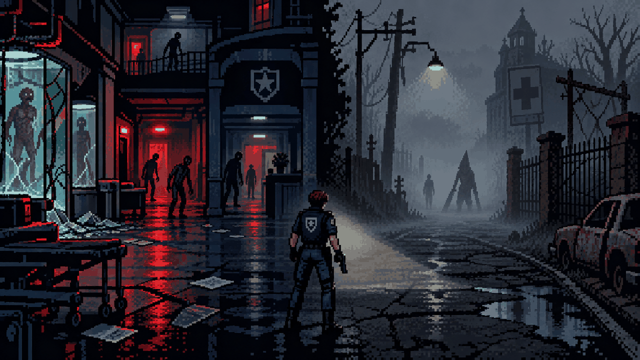 Pixel art dividida entre laboratório de terror biológico e cidade enevoada psicológica