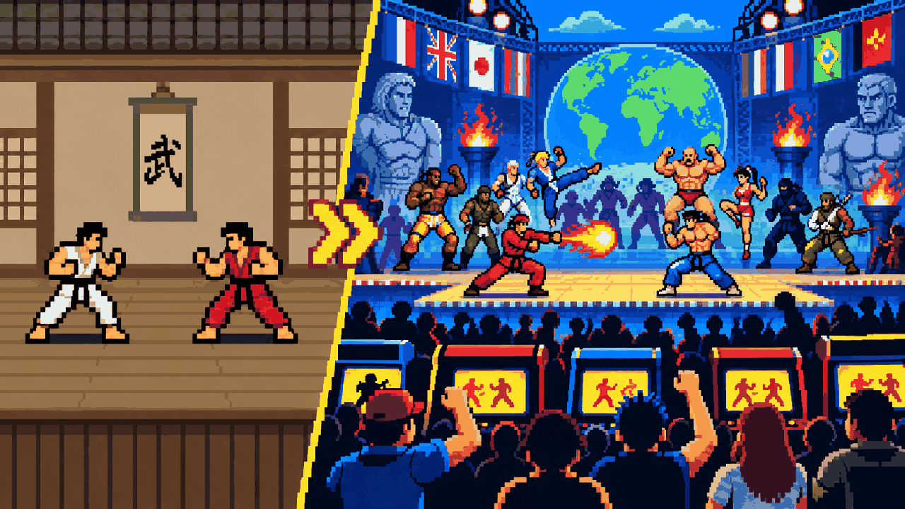 Duelo simples de artes marciais evoluindo para torneio de fliperama cheio de lutadores