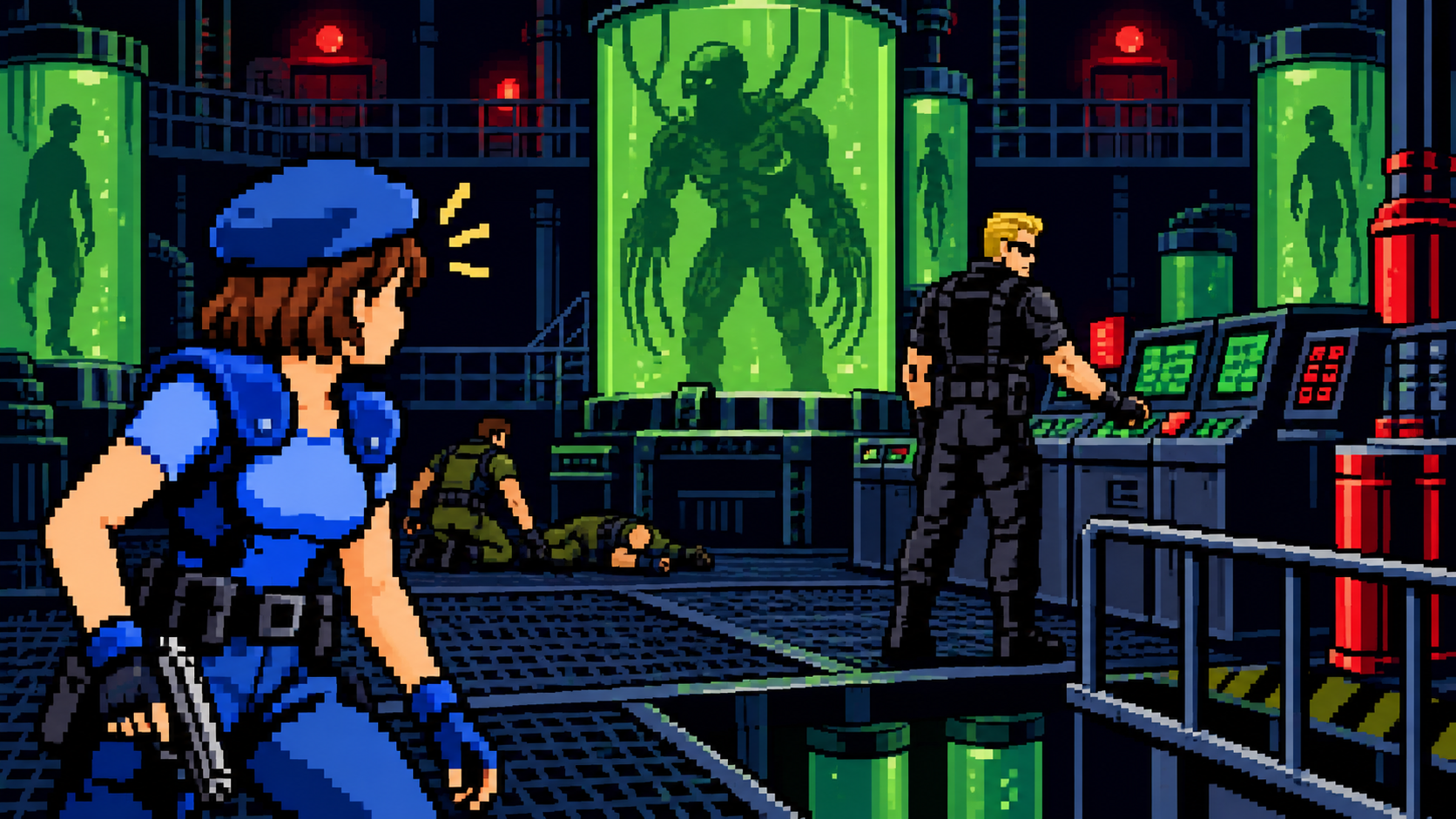 Jill descobrindo a traição de Wesker em laboratório secreto