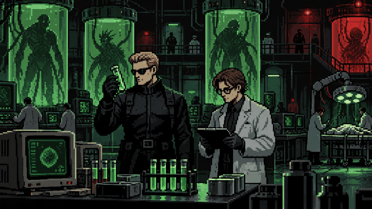 Wesker como cientista da Umbrella em laboratório viral com William Birkin em pixel art