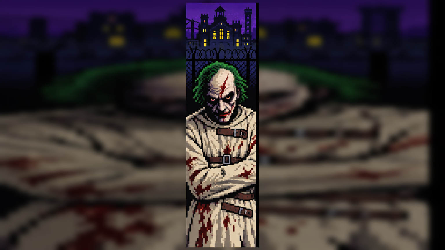 Retrato em pixel art inspirado no Coringa perturbador de Barry Keoghan em Arkham