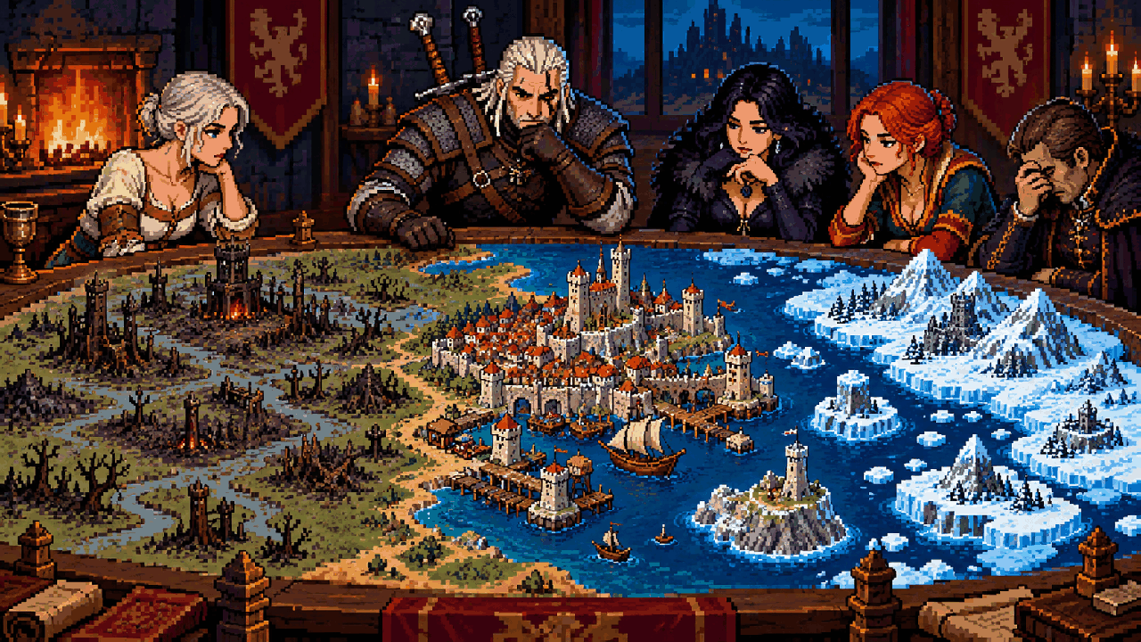 Geralt, Ciri, Yennefer, Triss e personagens diante de mapa com Velen, Novigrad e Skellige em pixel art