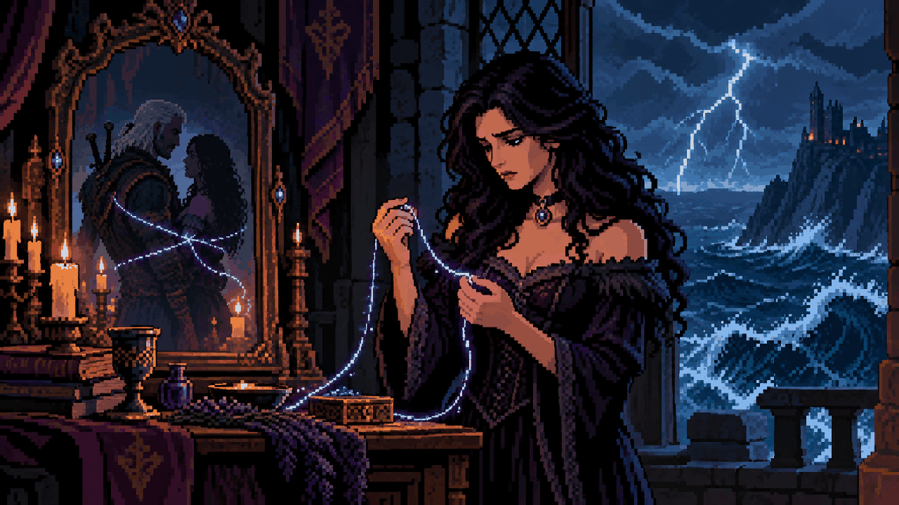 Yennefer refletindo sobre amor e magia diante de espelho em Skellige em pixel art