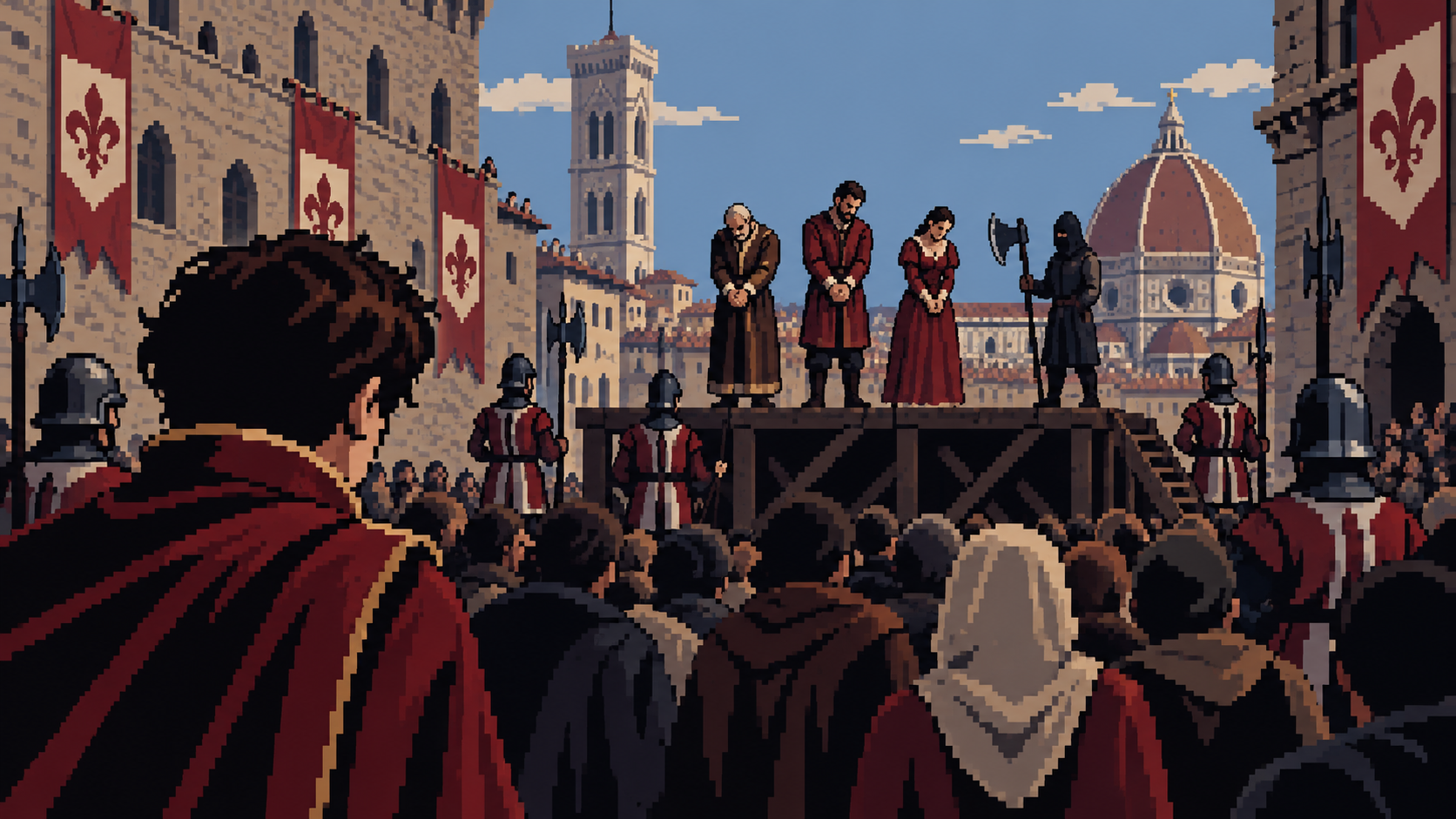 Ezio observa a execução pública dos Auditore em praça de Florença