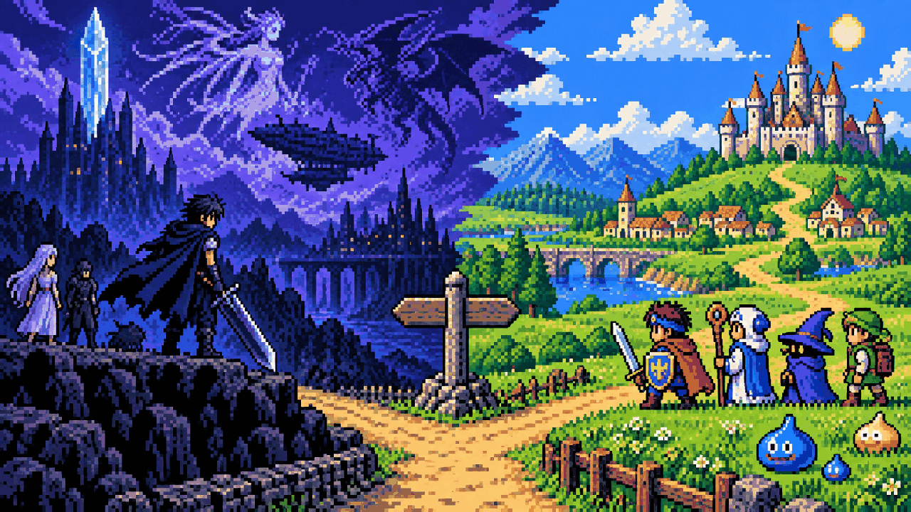 Pixel art com espada cristalina dramática de um lado e aventura clássica colorida do outro