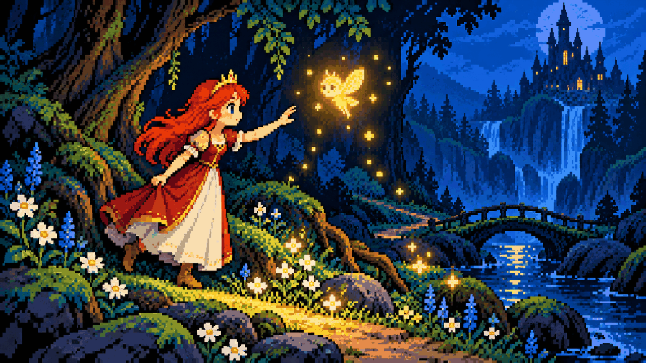 Aurora encontra uma pequena luz guia em uma floresta escura de Lemuria em pixel art