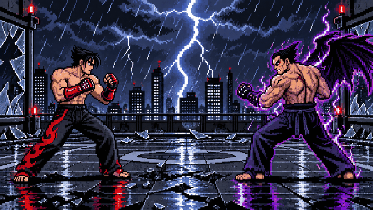 Jin Kazama e Kazuya Mishima se enfrentando em tempestade em pixel art