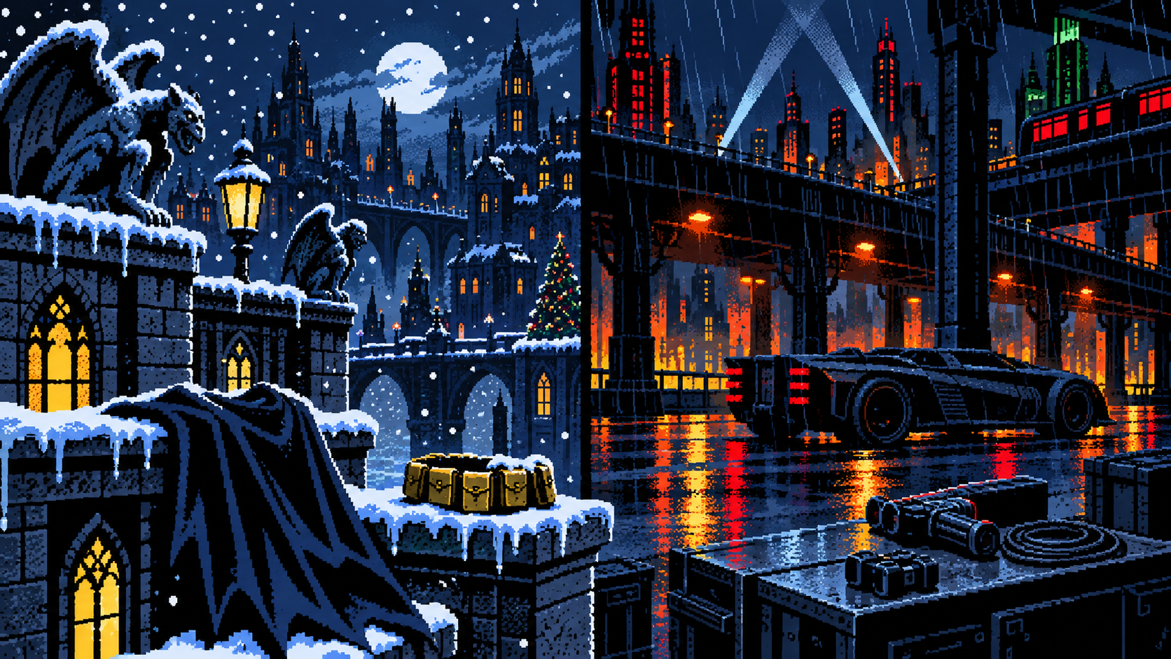 Gotham nevada e cidade moderna com carro blindado representando Arkham Origins e Arkham Knight