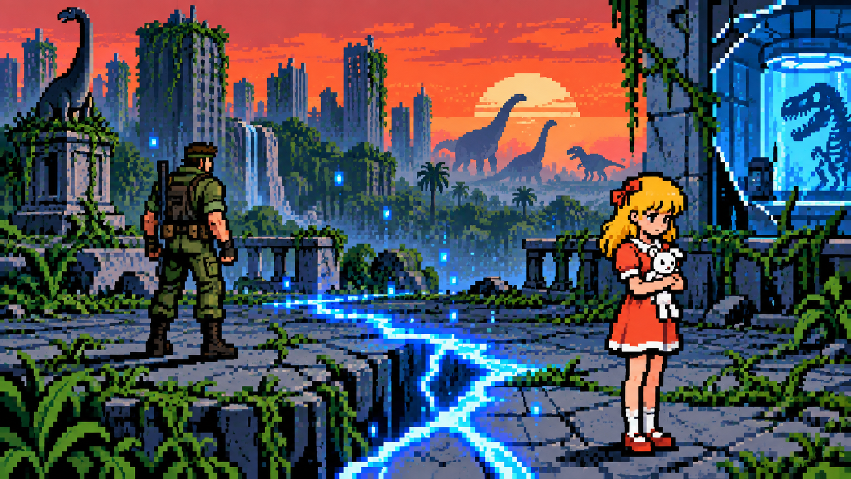 Garota misteriosa separada de soldado por rachadura temporal azul em cidade destruída em pixel art